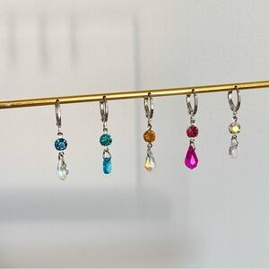 3/$20 Fun Cute Multicolor Rhinestones Dangly Drop Silver 925 Huggies Earrings